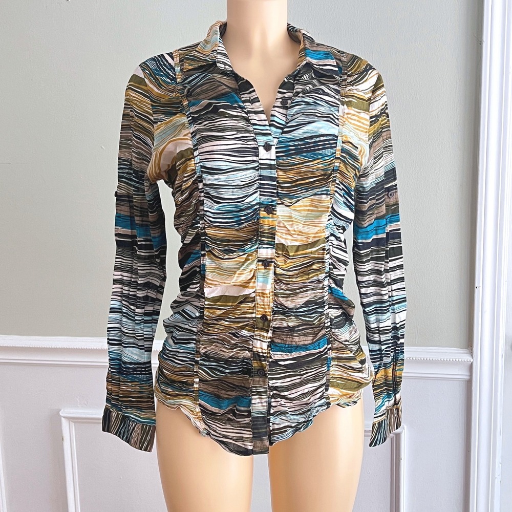 Calvin Klein Womens Blouse Top M Vtg Ruched Retro Y2k Abstract WaveButton